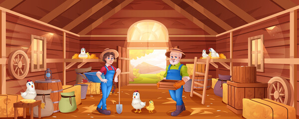 Cartoon wooden barn with farmers, haystacks,chickens and garden tools. Man and woman in hats in barnhouse on farm. Interior of rural shed with hens, straw, sacks and crates. © redgreystock