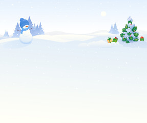 Snow scene with cute snowman and Christmas tree, winter background