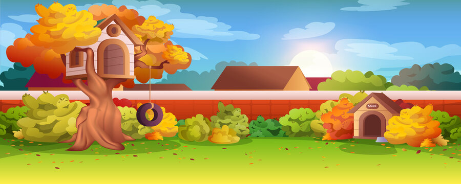 Garden backyard with brick wall, treehouse on tree, bushes and dog kennel. Vector cartoon autumn landscape with house back yard and green lawn. Outdoor area for party or children leisure.