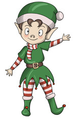 Santa's cute little elf waves his hand and raised his leg. Computer illustration