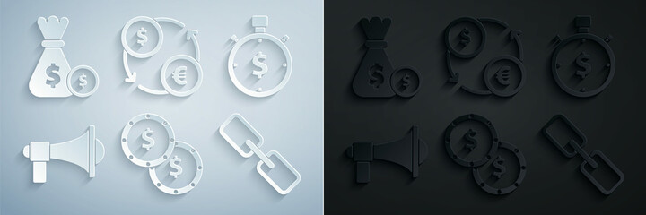 Set Coin money with dollar symbol, Time is, Megaphone, Chain link, Money exchange and bag and coin icon. Vector
