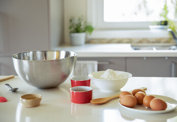 Fototapeta na wymiar baking ingredients on white kitchen table, baking at home with kids, cake in a mug preparation. 