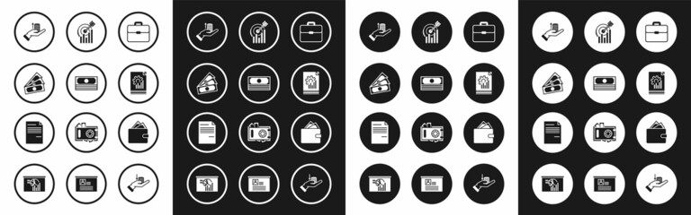 Fototapeta premium Set Briefcase, Stacks paper money cash, Money hand, Document with graph chart, Target, Wallet stacks and icon. Vector