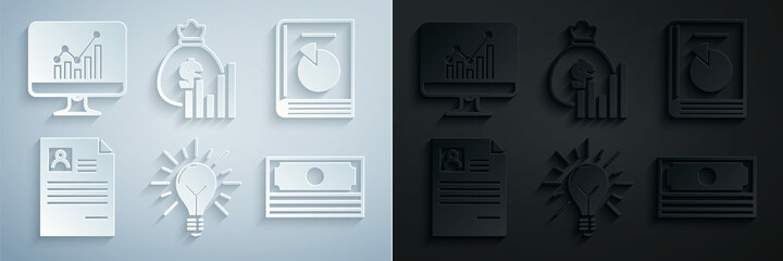 Set Light bulb with rays shine and concept of idea, User manual, Resume, Stacks paper money cash, Money bag diagram graph and Computer monitor chart icon. Vector