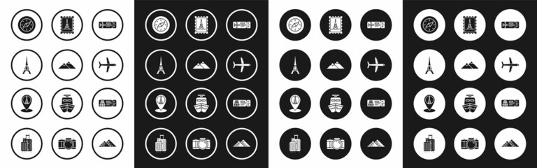 Set Airline ticket, Mountains, Eiffel tower, Compass, Plane, Postal stamp and, Cruise for traveling by ship and Map pointer with icon. Vector