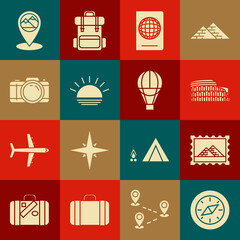 Set Compass, Postal stamp and Egypt pyramids, Coliseum in Rome, Italy, Passport with biometric data, Sunset, Photo camera, Map pointer mountain and Hot air balloon icon. Vector