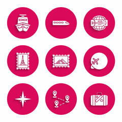 Set Postal stamp and Egypt pyramids, Route location, Suitcase for travel stickers, Globe with flying plane, Wind rose, Eiffel tower, Airline ticket and Ship icon. Vector