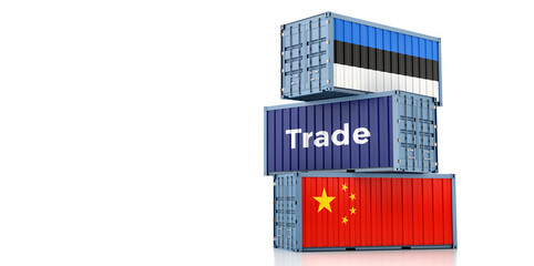 Shipping containers with Estonia and China flag. 3D Rendering 