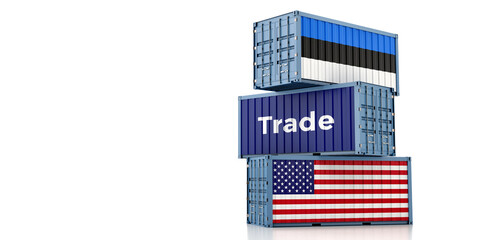 Shipping containers with Estonia and USA flag. 3D Rendering 