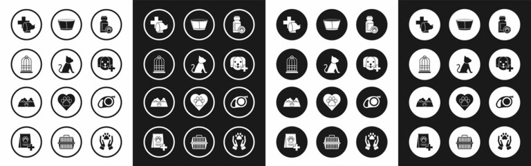 Set Dog medicine bottle, Cat, Cage for birds, Veterinary clinic symbol, Protective cone collar, Retractable cord leash with carabiner and Pet food bowl cat dog icon. Vector