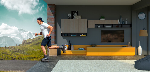 A man on roller skates leaves a cozy apartment