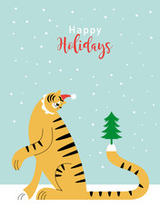 Year of the Tiger. Cute Tiger in red hat and Christmas tree on his tail. Greeting card.
