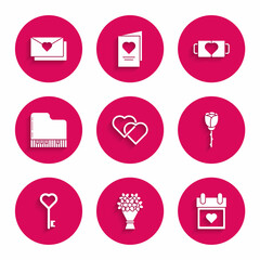 Set Two Linked Hearts, Bouquet of flowers, Calendar with heart, Flower rose, Key shape, Grand piano, coffee cup and Envelope Valentine icon. Vector