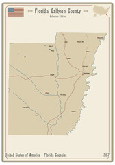 Map on an old playing card of Calhoun county in Florida, USA.