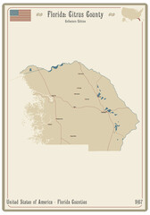 Map on an old playing card of Citrus county in Florida, USA.