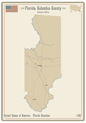 Map on an old playing card of Columbia county in Florida, USA.