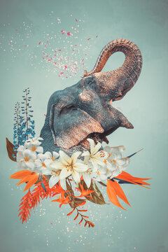 Abstract art collage of elephant with flowers