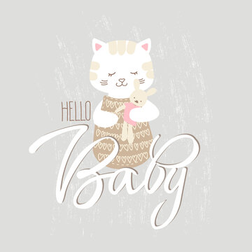Baby girl shower card design. Vector illustration of gifts for a newborn and a kitten with lettering HELLO Baby