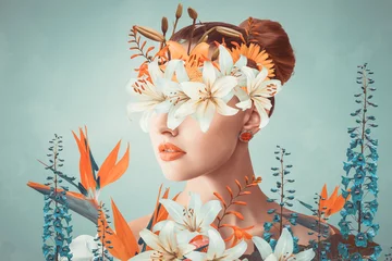 Gordijnen Abstract art collage of young woman with flowers © Svetlana Radayeva