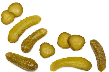 marinated pickled cucumbers with slices isolated on white background. Clipping path and full depth of field. Top view