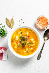 Greek red lentil soup. Top vview, copy space.