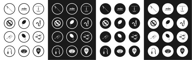 Set Fishing hook under water, spoon, No fishing, net, and worm, boat with oars, and line float icon. Vector