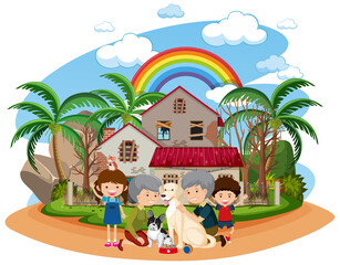 A happy family in front of the house