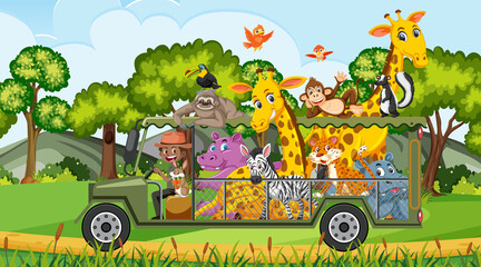 Obraz na płótnie Canvas Safari scene at daytime with wild animals on the tourist car