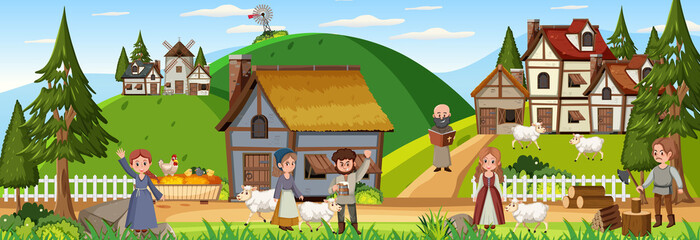 Medieval town scene with villagers