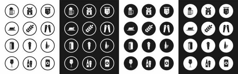 Set Street signboard with glass of beer, Cereals set rice, wheat, corn, oats, rye, barley, Oktoberfest hat, Wooden mug, Glass, Windmill, Beer bottle and can icon. Vector