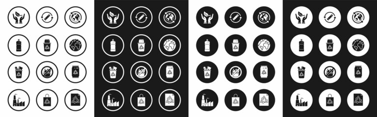 Set Planet earth and a recycling, Recycle bin with recycle symbol can, Plastic bottle, Sprout hand of environmental protection, Earth globe, Battery line, Can and icon. Vector