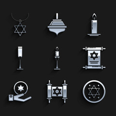 Set Burning candle in candlestick, Torah scroll, Jewish coin, on hand, goblet, and Star of David necklace chain icon. Vector