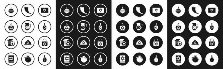 Set Flag of Israel, Decanter with star david, Burning candle in candlestick, Hanukkah dreidel, Traditional ram horn, shofar, Shopping bag and Jewish coin icon. Vector