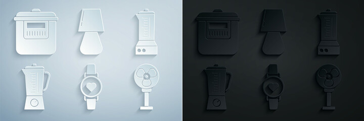 Set Smart watch showing heart beat rate, Blender, Electric fan, Table lamp and Slow cooker icon. Vector
