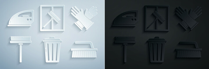 Set Trash can, Rubber gloves, Squeegee, scraper, wiper, Brush for cleaning, and Electric iron icon. Vector