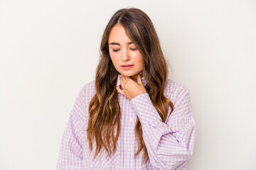 Young caucasian woman isolated on white background suffers pain in throat due a virus or infection.