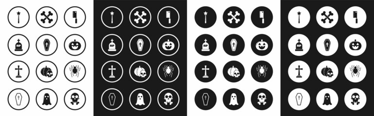 Set Meat chopper, Coffin with christian cross, Tombstone RIP, Magic wand, Pumpkin, Crossed bones, Spider and icon. Vector