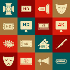 Set Cinema poster design template, Knife, Computer PC monitor with 4k video technology, Movie spotlight, HD, movie, tape, frame, and Online play icon. Vector