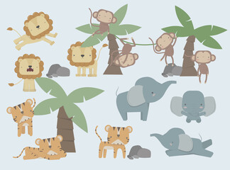 Fototapeta premium A set of cute jungle animals, vector illustration.