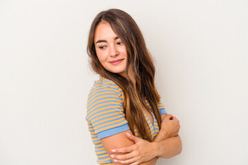 Young caucasian woman isolated on white background laughing and having fun.