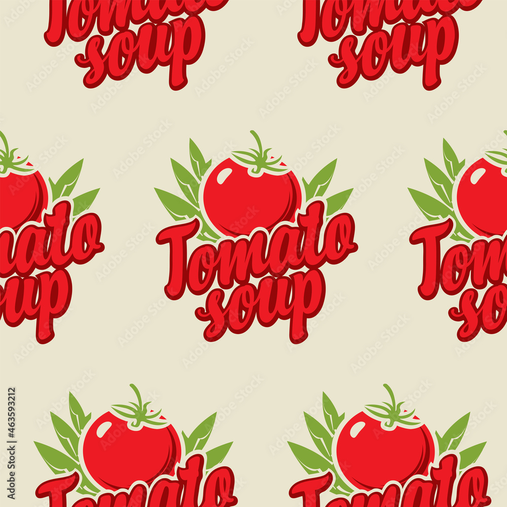 Poster seamless pattern with tomatoes and inscriptions tomato soup on a light backdrop in a retro style. su