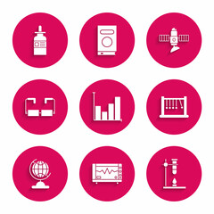 Set Pie chart infographic, Computer monitor with cardiogram, Glass test tube flask fire heater, Pendulum, Earth globe, Glasses, Satellite and bottle pipette icon. Vector