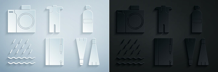 Set Underwater note book and pencil, Aqualung, Rain waves, Rubber flippers for swimming, Wetsuit scuba diving and Photo camera diver icon. Vector