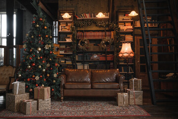 christmas home decoration in classic dark style with library, leather sofa, decorated Christmas tree