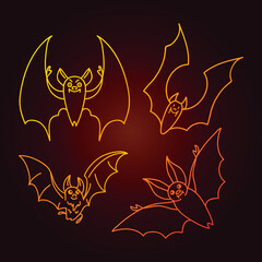 Bat line illustration in sketch style on dark background. Vector illustration design template. Halloween icons.