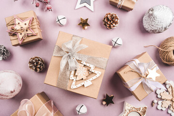 Festive Christmas background with gift boxes and Christmas decorations