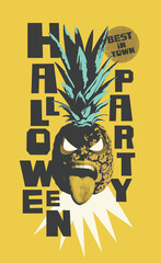 Vector banner, flyer, invitation to Halloween party with a pineapple instead of a pumpkin and lettering on a yellow background. Creepy pineapple-carved face with an evil smile and a protruding tongue