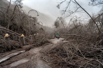 Motorcyclist on the destroyed road near Mount Bromo volcano, taken in Tengger Caldera, East Java, Indonesia.