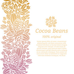 Design template for cocoa packaging. Cocoa beans and leaves. Vector illustration.