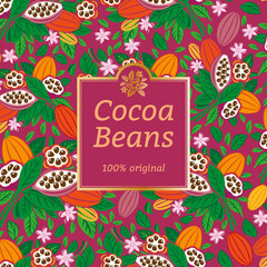 Design template for cocoa packaging. Cocoa beans and leaves. Vector illustration.